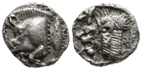 MYSIA. Kyzikos. (450-400 BC)
AR Obol (8.9mm 0.76g)
Obv: Forepart of boar left; tunny to right.
Rev: Head of roaring lion left; retrograde K in uppe...