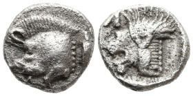 MYSIA. Kyzikos. (450-400 BC)
AR Obol (9.2mm 0.81g)
Obv: Forepart of boar left; tunny to right.
Rev: Head of roaring lion left; retrograde K in uppe...