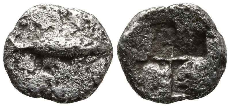 MYSIA. Kyzikos. (Circa 500 BC)
AR Obol (7.1mm 0.56g)
Obv: Tunny fish swimming ...