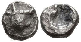 MYSIA. Kyzikos. (Circa 600-525 BC)
AR Obol (7.4mm 0.58g)
Obv: Head of tunny fish to right, superimposed on head of bull right
Rev: Incuse square.
