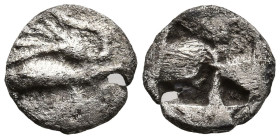 MYSIA. Kyzikos. (Circa 550-500 BC).
AR Hemiobol (7.8mm 0.31g)
Obv: Tunny right; below, lotus flower.
Rev: Quadripartite incuse punch.