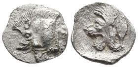 MYSIA. Kyzikos. (Circa 450-400 BC).
AR Hemiobol (8.8mm 0.37g)
Obv: Head of lion left; behind, tunny upward
Rev: Forepart of boar left; to right, tu...
