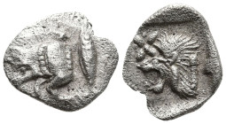 MYSIA. Kyzikos. (Circa 450-400 BC).
AR Hemiobol (9.7mm 0.38g)
Obv: Forepart of boar left; to right, tunny upward.
Rev: Head of roaring lion left; s...