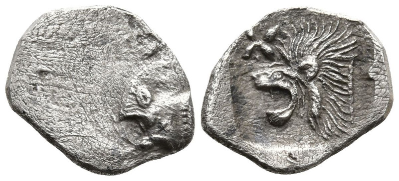 MYSIA. Kyzikos. (Circa 450-400 BC).
AR Hemiobol (10mm 0.31g)
Obv: Forepart of ...