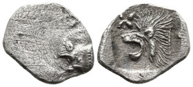 MYSIA. Kyzikos. (Circa 450-400 BC).
AR Hemiobol (10mm 0.31g)
Obv: Forepart of boar left; to right, tunny upward.
Rev: Head of roaring lion left; st...