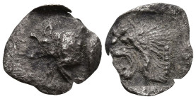 MYSIA. Kyzikos (Circa 450-400 BC)
AR Hemiobol (10mm 0.32g)
Obv: Forepart of boar left; to right, tunny upward.
Rev: Head of roaring lion left; star...