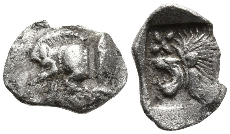 MYSIA. Kyzikos. (Circa 450-400 BC).
AR Hemiobol (10.5mm 0.36g)
Obv: Forepart o...