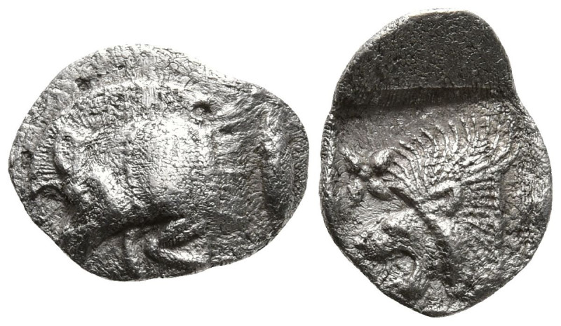 MYSIA. Kyzikos. (Circa 450-400 BC).
AR Hemiobol (9.5mm 0.36g)
Obv: Forepart of...
