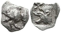 MYSIA. Kyzikos. (Circa 450-400 BC).
AR Hemiobol (8.9mm 0.28g)
Obv: Forepart of boar left; to right, tunny upward.
Rev: Head of roaring lion left; s...