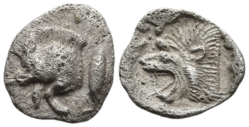 MYSIA. Kyzikos. (Circa 450-400 BC).
AR Hemiobol (9.5mm 0.37g)
Obv: Forepart of...