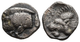 Greek
MYSIA. Kyzikos (Circa 450-400 BC)
AR Hemiobol (7.5mm 0.37g)
Obv: Forepart of boar left; to right, tunny.
Rev: Head of roaring lion left, ret...