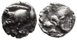 MYSIA. Kyzikos. (450-400 BC).
AR Hemiobol (7mm 0.28g)
Obv: Forepart of boar right, tunny behind.
Rev: Head of lion left; retrograde K to upper left...