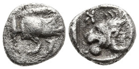 MYSIA. Kyzikos. (450-400 BC).
AR Hemiobol (6.6mm 0.28g)
Obv: Forepart of boar right, tunny behind.
Rev: Head of lion left; retrograde K to upper le...