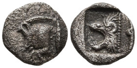 MYSIA. Kyzikos (Circa 450-400 BC)
AR Hemiobol (8mm 0.46g)
Obv: Forepart of boar left; to right, tunny upward.
Rev: Head of roaring lion left; all w...