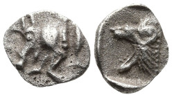 MYSIA. Kyzikos. (Circa 450-400 BC)
AR Hemiobol (0.22mm 7.4g)
Obv: Forepart of boar left; tunny to right.
Rev: Head of roaring lion left; all within...