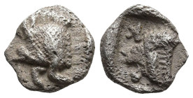 MYSIA. Kyzikos. (Circa 450-400 BC).
AR Tetartemorion (5.9mm 0.16g)
Onb: Forepart of boar to left; to right, tunny fish swimming upwards.
Rev: Head ...