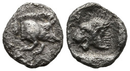 MYSIA. Kyzikos. (450-400 BC).
AR Hemiobol (7mm 0.25g)
Obv: Forepart of boar right, tunny behind.
Rev: Head of lion left; retrograde K to upper left...