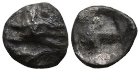 MYSIA. Kyzikos. (550-450 BC)
AR Hemiobol (7.4mm 0.3g)
Obv: Head of tunny left, vertical tunny fish downward behind
Rev: Quadripartite incuse square...
