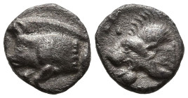 MYSIA. Kyzikos (Circa 450-400 BC)
AR Hemiobol (4.5mm 0.32g)
Obv: Forepart of boar left; to right, tunny upward
Rev: Head of roaring lion left; retr...