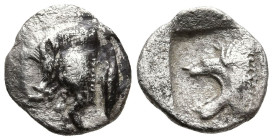 MYSIA. Kyzikos. (Circa 450-400 BC).
AR Hemiobol (8mm 0.33g)
Obv: Forepart of boar left; to right, tunny upward
Rev: Head of roaring lion left withi...