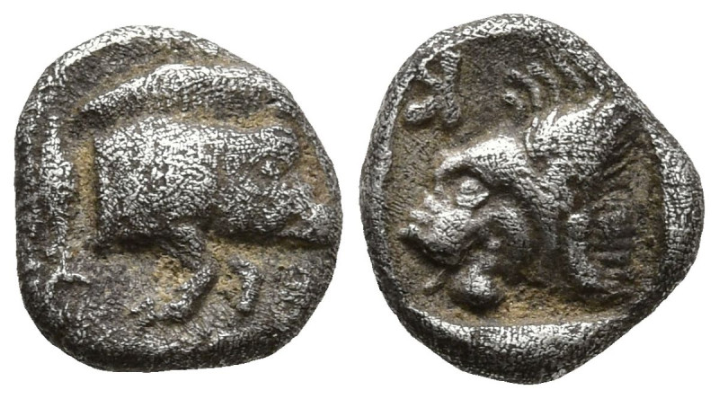 MYSIA. Kyzikos. (Circa 450-400 BC).
AR Hemiobol (7mm 0.32g)
Obv: Forepart of b...