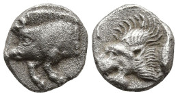 MYSIA. Kyzikos. (Circa 450-400 BC)
AR Hemiobol (6.5mm 0.41g)
Obv: Forepart of boar left; tunny to right.
Rev: Head of roaring lion left; retrograde...