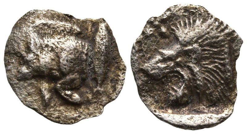 MYSIA. Kyzikos. (Circa 450-400 BC)
AR Hemiobol (9mm 0.26g)
Obv: Forepart of bo...