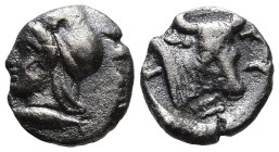 MYSIA. Kyzikos. ( Circa 450-400 BC).
AR Hemiobol (7.5mm 0.3g)
Obv: Head of Attis to left, wearing Phrygian cap; below, tunny fish to left
Rev: Head...