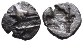 MYSIA. Kyzikos. (Circa 550-450 BC).
AR Hemiobol (7.9mm 0.37g)
Obv: Head of a tunny to right, holding lotus flower in its mouth.
Rev: Quadripartite ...