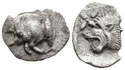 MYSIA. Kyzikos. (Circa 450-400 BC).
AR Hemiobol (7.2mm 0.31g)
Obv: Forepart of boar left; to right, tunny upward.
Rev: Head of roaring lion left; s...