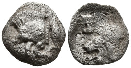MYSIA. Kyzikos. (Circa 450-400 BC).
AR Hemiobol (8.8m 0.31g).
Obv: Forepart of a boar left, retrograde K on its shoulder; to right, tunny upward.
R...
