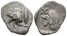MYSIA. Kyzikos. (Circa 450-400 BC).
AR Hemiobol (9.3mm 0.39g)
Obv: Forepart of boar left; to right, tunny upward.
Rev: Head of roaring lion left; s...
