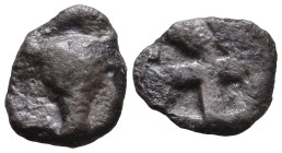 TROAS. Lamponeia. (Circa 500-450 BC).
AR Hemiobol (7.1mm 0.31g).
Obv: Bull's head facing.
Rev: Quadripartite incuse square with thick bands.