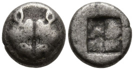 LESBOS. Uncertain mint. (Circa 500-450 BC).
BI 1/12 Stater (9.1mm 1.11g).
Obv: Confronted heads of two boars.
Rev: Quadripartite incuse square.