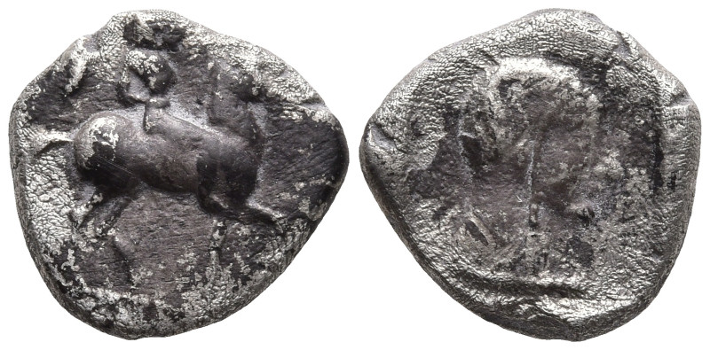 MACEDON. Potidaia. (Circa 450-432 BC)
AR Diobol (10mm 1.18g)
Obv: Horseman adv...