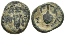 THRACE. Sestos. (circa 300 BC)
AE Bronze (12.3mm 1.92g)
Obv: Herm facing, grain ear and pellet to left, kerykeion to right
Rev: Σ-Α. Amphora.
