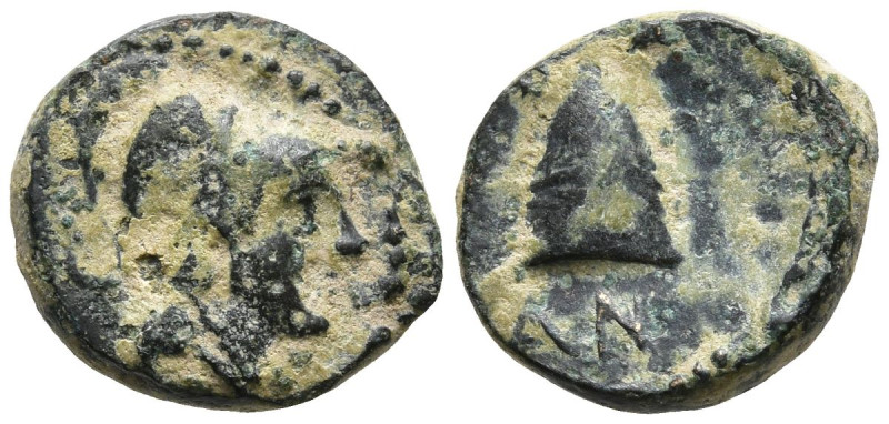 AE Bronze (14.4mm 1.37g)
Obv: Head Of athena right.
Rev: AN Omphalos.