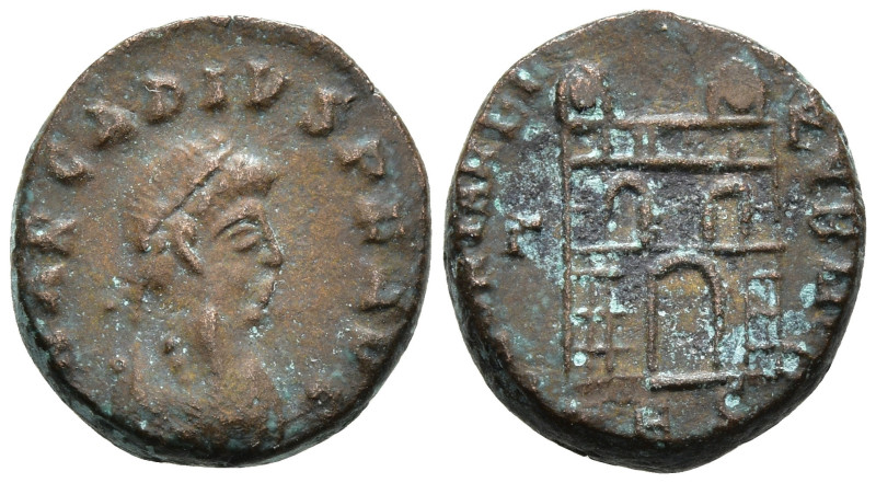 Arcadius (AD 383-388). Thessalonica
AE Bronze (11.9mm 1.58g)
Obv: D N ARCADIVS...