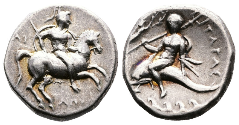 Calabria, Tarentum AR Didrachm/ Nomos. (20mm, 6,41 g.). Circa 272-240 BC. Di- an...