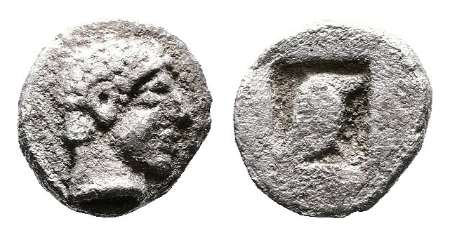 Macedon, Skione, circa 480-470 BC. AR Hemiobol (7mm, 0,32 g.). Head of male righ...