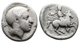 Thessaly, Pharsalos AR Drachm (18mm. 5,65 g.). Late 5th-mid 4th century BC. signed by the engraver Telephantos. Helmeted head of Athena to right; smal...