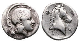 Thessaly, Pharsalos, late 5th.-mid 4th. Century BC. AR Hemidrachm (15mm, 2.99 g.). Helmeted head of Athena right; Θ to left. Rev. Φ-A- P-Σ (partially ...