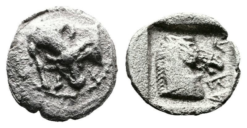 Krannon, circa 462/1-460 BC. AR Obol (11mm, 0,88 g.). Forepart of bull to left, ...