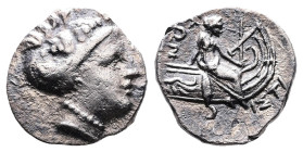 Euboia, Histiaia, 3rd.-2nd. Century BC. AR Tetrobol (13 mm, 1,78 g.). Wreathed head of nymph Histiaia to right. Rev. IΣTI-AIEΩN Nymph seated right on ...