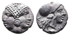 Mysia, Lampsakos, circa 390-330 BC. AR Diobol (10 mm, 1.22 g.). Janiform female heads wearing circular earring. Rev. ΛΑΜΨ Head of Athena to right, wea...