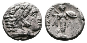 Mysia, Pergamon, circa 310-282 BC. AR Diobol (10,5 mm, 1,27 g.). Head of Herakles right, wearing lion skin headdress. Rev. Archaistic Palladion: statu...