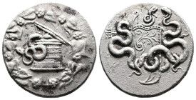 Mysia, Pergamon, circa 166-67 BC. AR Cistophoric Tetradrachm (27 mm, 12.3 g.). Circa 85-76 BC. Cista mystica with half-open lid from which a serpent i...