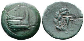 Mysia, Kyzikos, 3rd. Century BC. AE (28mm, 12,01 g.). Prow right. Rev. K-Y / Ξ-I Boukranion within oak wreath. SNG von Aulock 1231. Overstruck on earl...