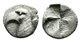 Aeolis, Kyme, circa 450-400 BC. AR Hemiobol (8mm, 0.31 g.). Head of eagle left. Rev. Quadripartite incuse square. SNG Arikantürk 2, 178–80. Extremely ...