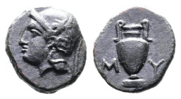 Aeolis, Myrina, 4th.-3rd. Century BC. AE (10mm, 1,05g.). Helmeted head of Athena to left . Rev. Amphora; M-Y across fields. SNG Copenhagen 214; SNG vo...